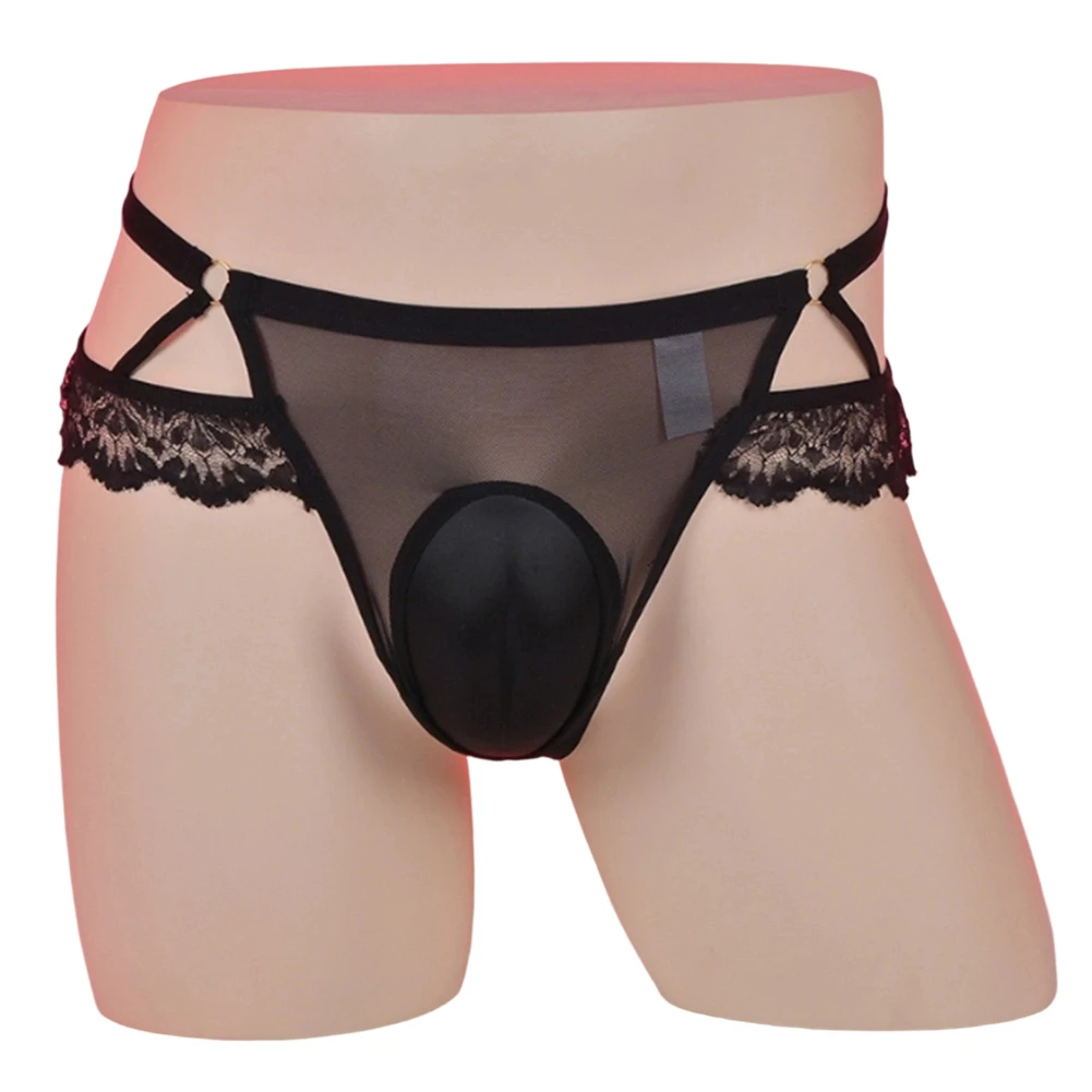 1pc Men Sissy Padded Pouch Thongs Sexy Lace Sheer G-string Transparent Lace Hollow-out Underwear Low Waist Lingerie