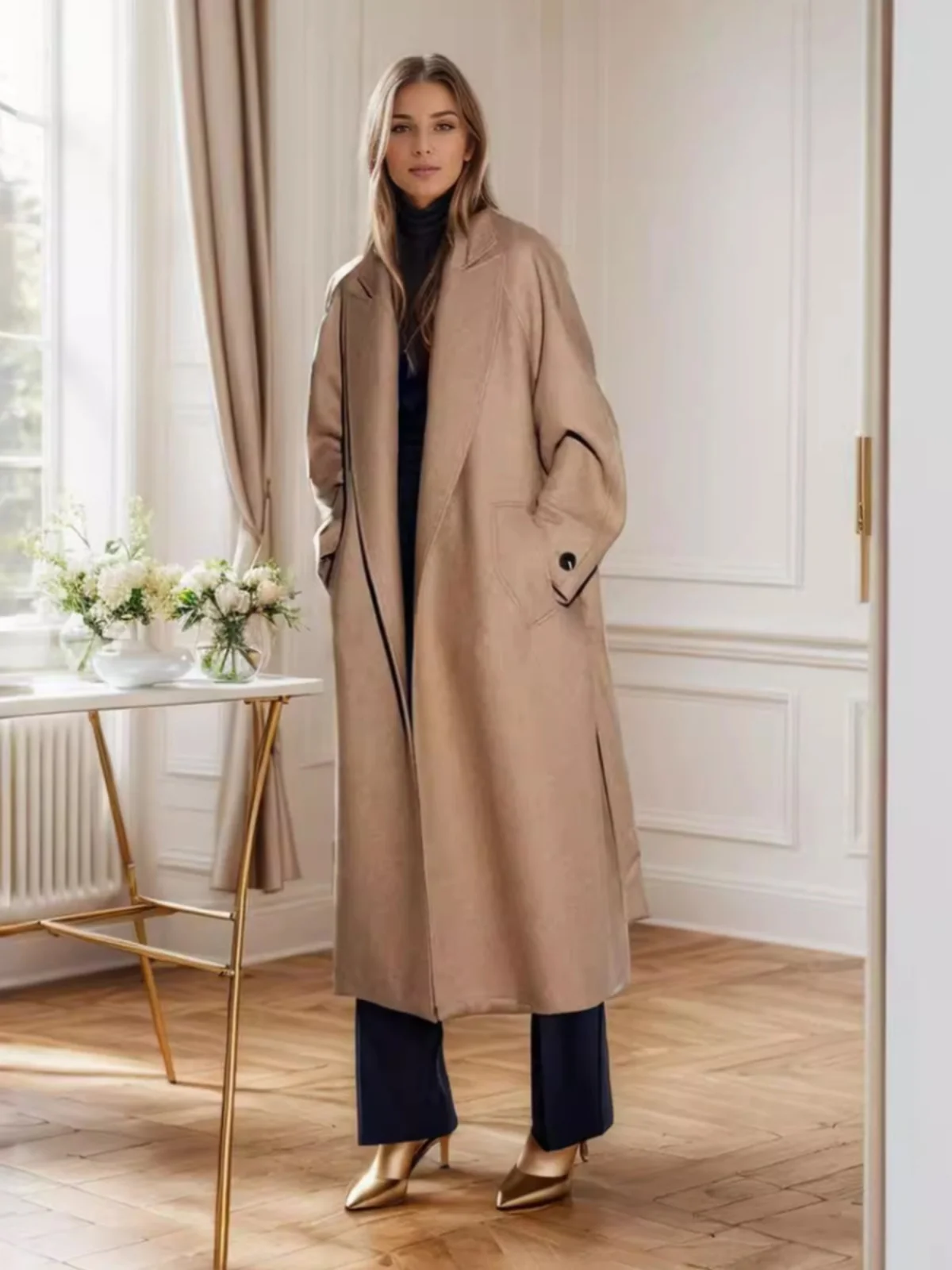 

Ele Russian Beau Long Coat Premium Woolen Overcoat Extra Long Sli Women's Jaet Commute Sle Loose Fit Thiened