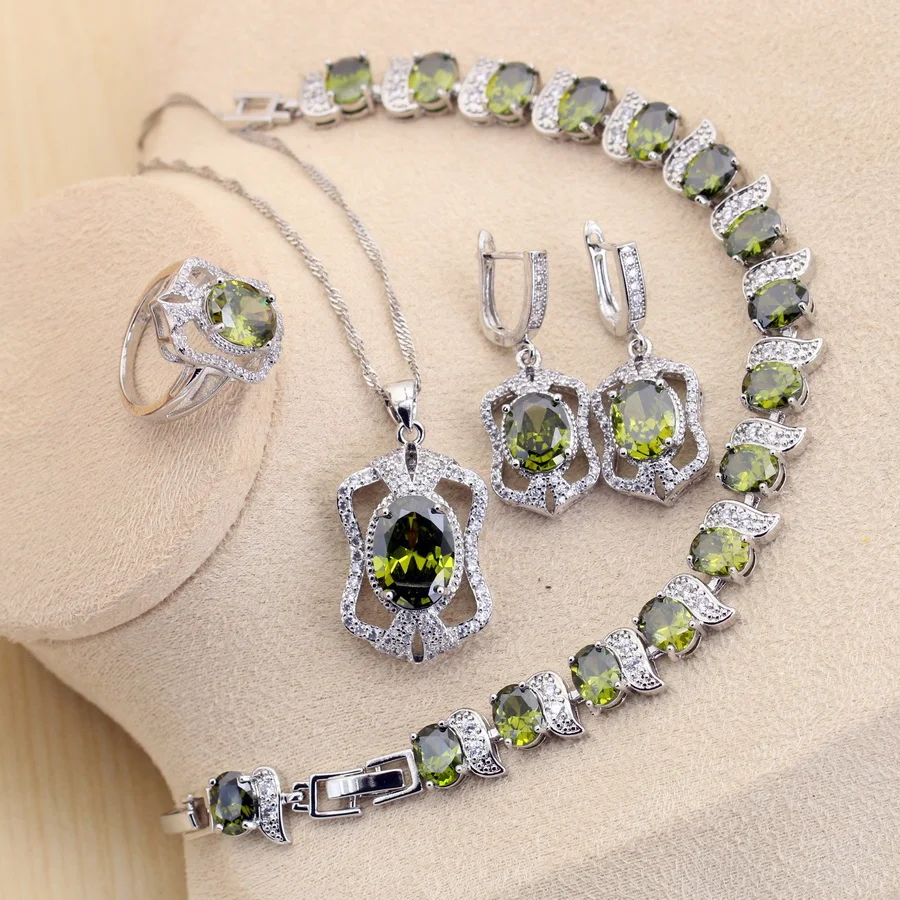 Dubai 925 Silver Jewelry Sets Olive Green Stone For Women Earrings Rings Bracelet Necklace Set Dropshipping Mother Day Gift