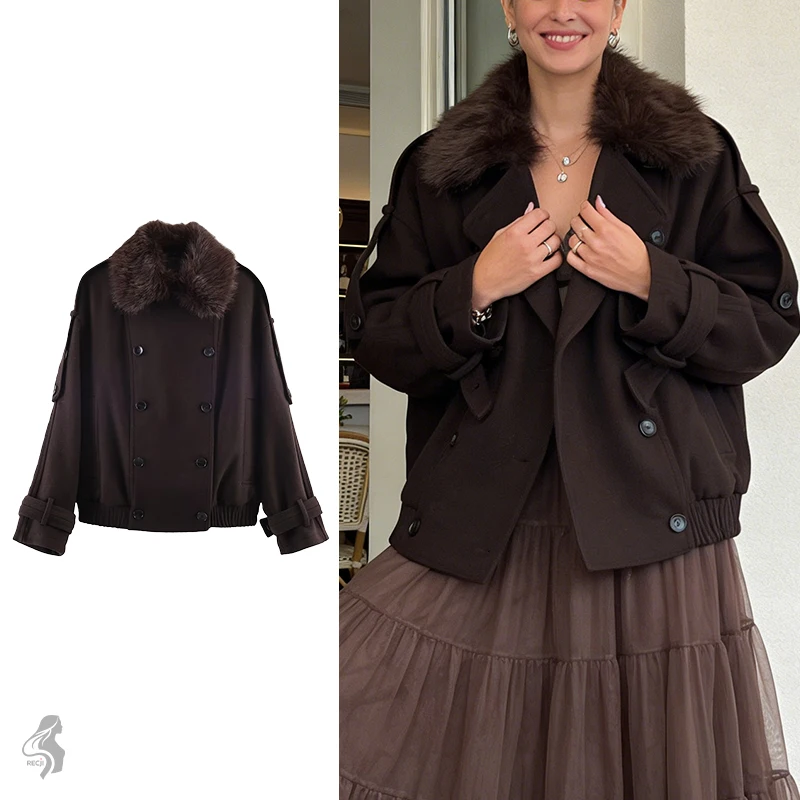 

Womens Double Breasted Wool Coat With Fur Collar And Epaulette Straps Autumn And Winter Warm Retro Commuter Jacket Woman Clothes
