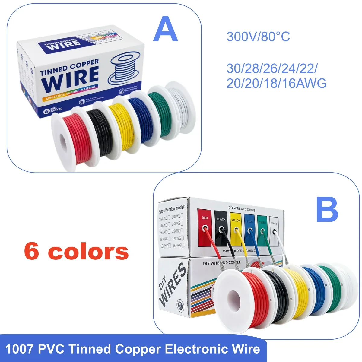 1007 PVC Electronic Wire 16 18 20 22 24 26 28 30AWG Tinned Copper Wire (6 Colour Mix) for Electronics, DIY Projects, Automotive