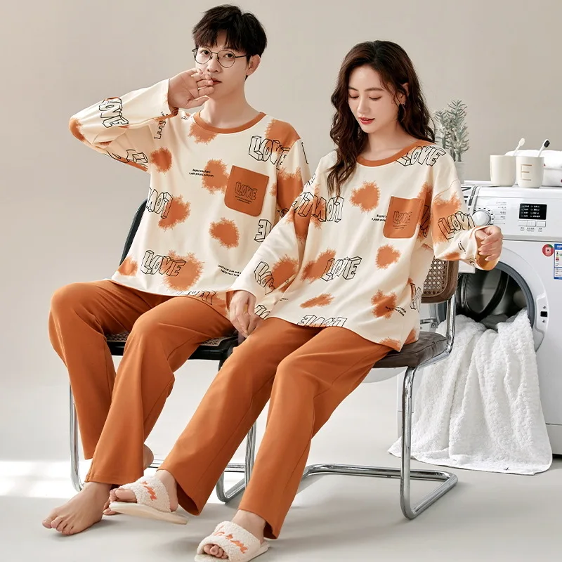 Autumn Long Sleeves Couple Pajamas Set Men\'s Pyjamas Pants Home Suit Cartoon Cute Lovers Sleepwear Comfortable Two-piece Pajamas