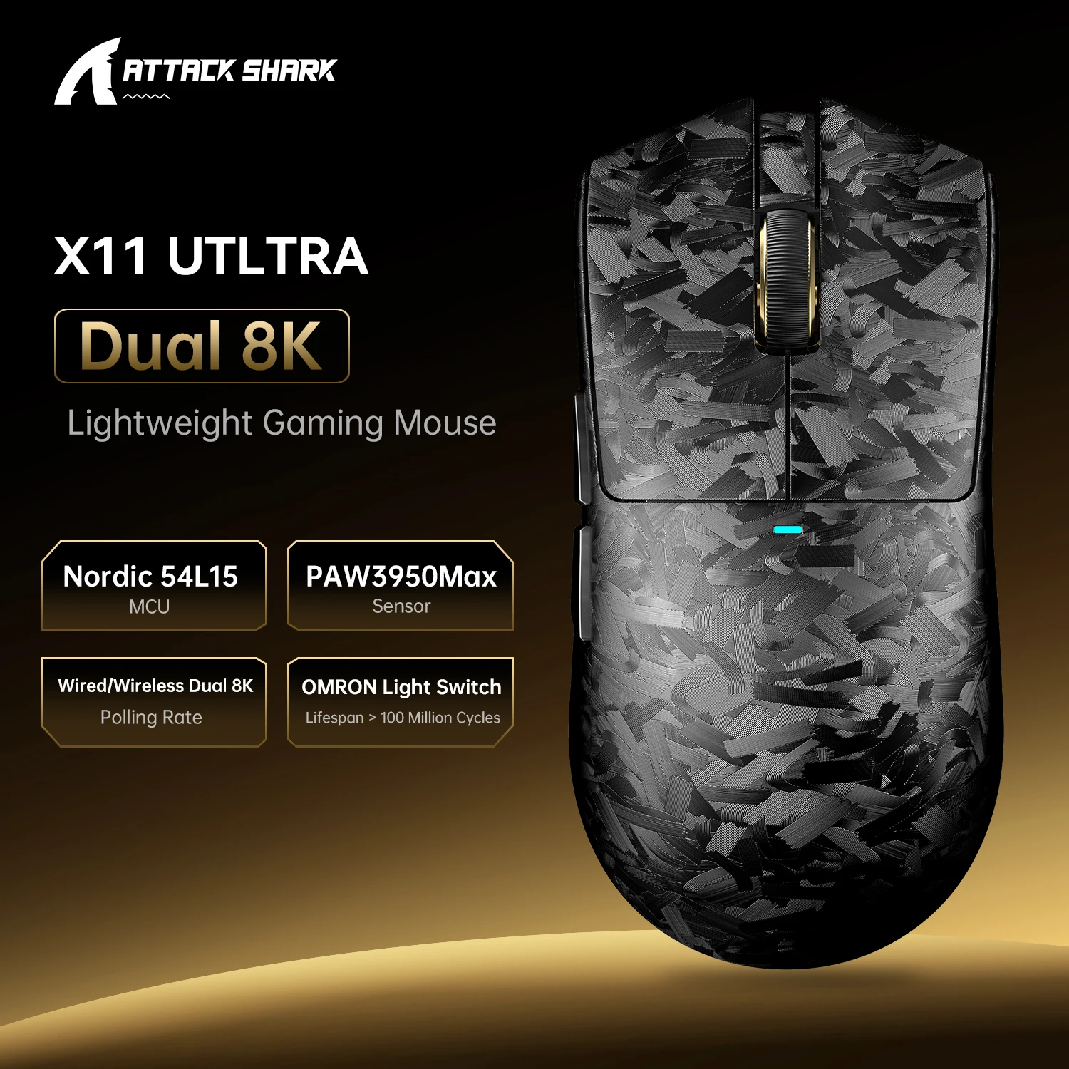 

Игровая мышь ATTACK SHARK X11 ULTRA из углеродного волокна, беспроводная, 8K, с нанометаллическим покрытием Ice, сверхлегкая (59 г), PAW3950MAX
