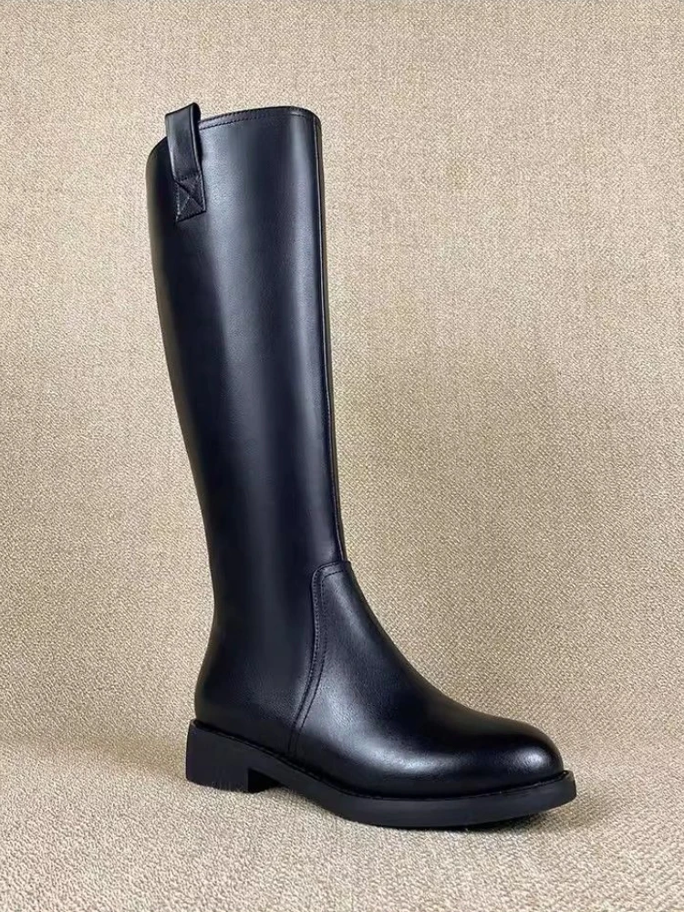 Black Fleece-Lined Leather Women's Long Boots Y2k Work Comfortable and Elegant Trend 2025 Pu Hot 39 Ladies Knee High Shaft Shoes
