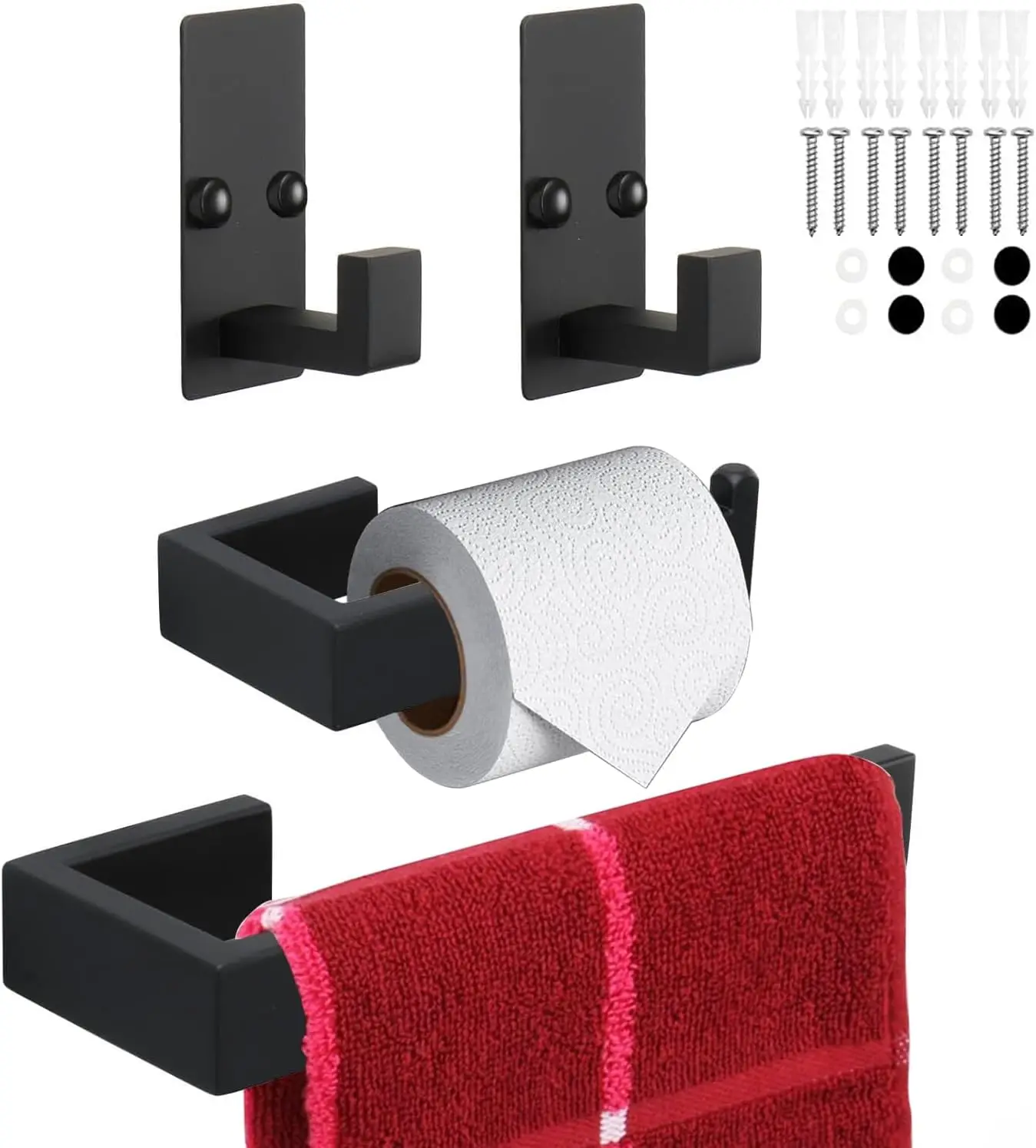 

4-Piece Stainless Steel Bathroom Hardware Set, Includes Towel Bar, Toilet Paper Holder & 2 Hooks, Wall Mounted, Black