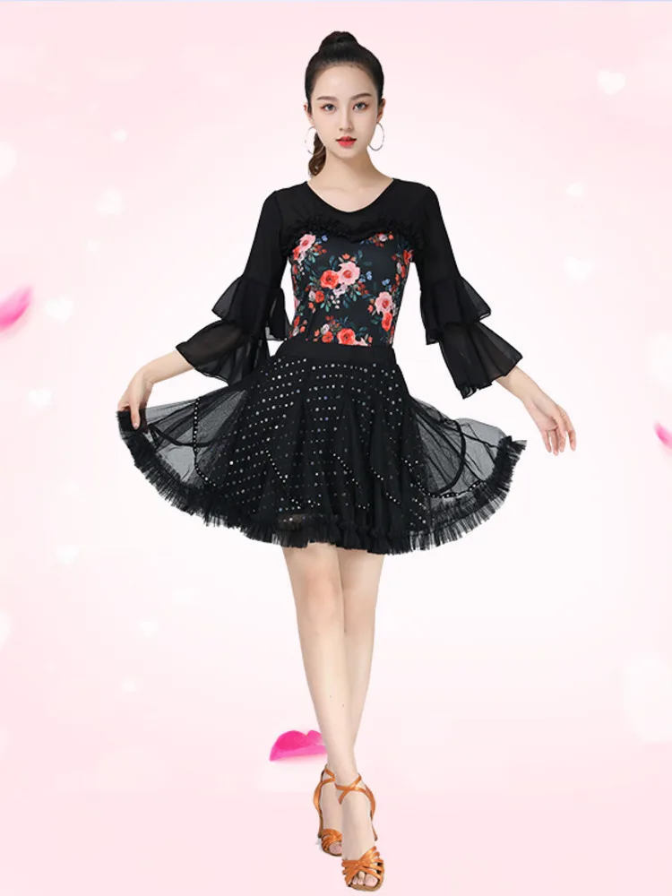 Mesh Patchwork Ballroom Standard Tops Women Female Clothing Line Dance Suit Latin Flowers Wear Birthday Classical Elegant Skirts