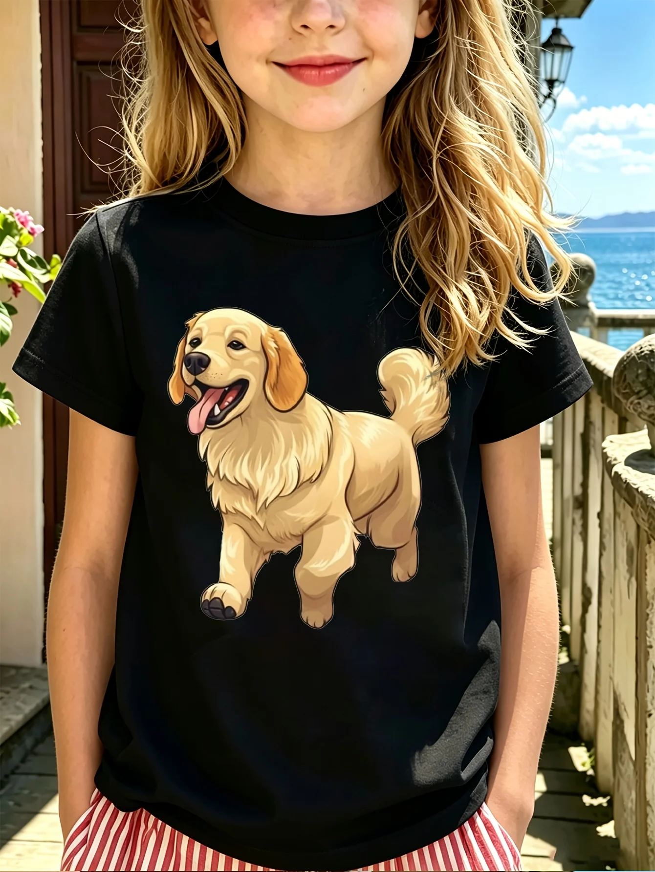 Kids Family Matching T Shirt Cute Walking Golden Retriever Dog Print Short Sleeve Cotton Tops For Boys Girls Daily Casual Outfit