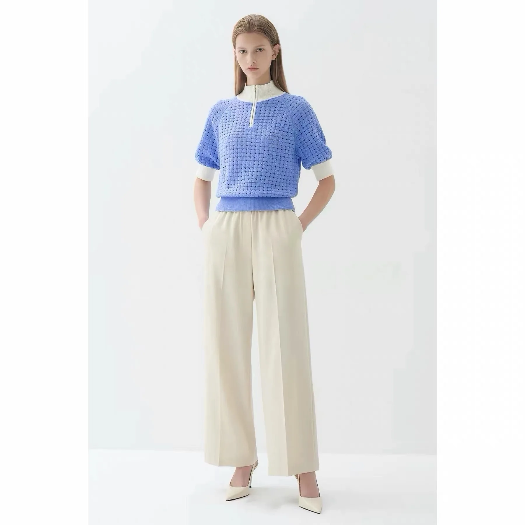 Linyao LAN26 Initial Autumn Color Block Zipper Half High Collar Lace Short Sleeve Knitted Sweater Women's Commute Style Loose...