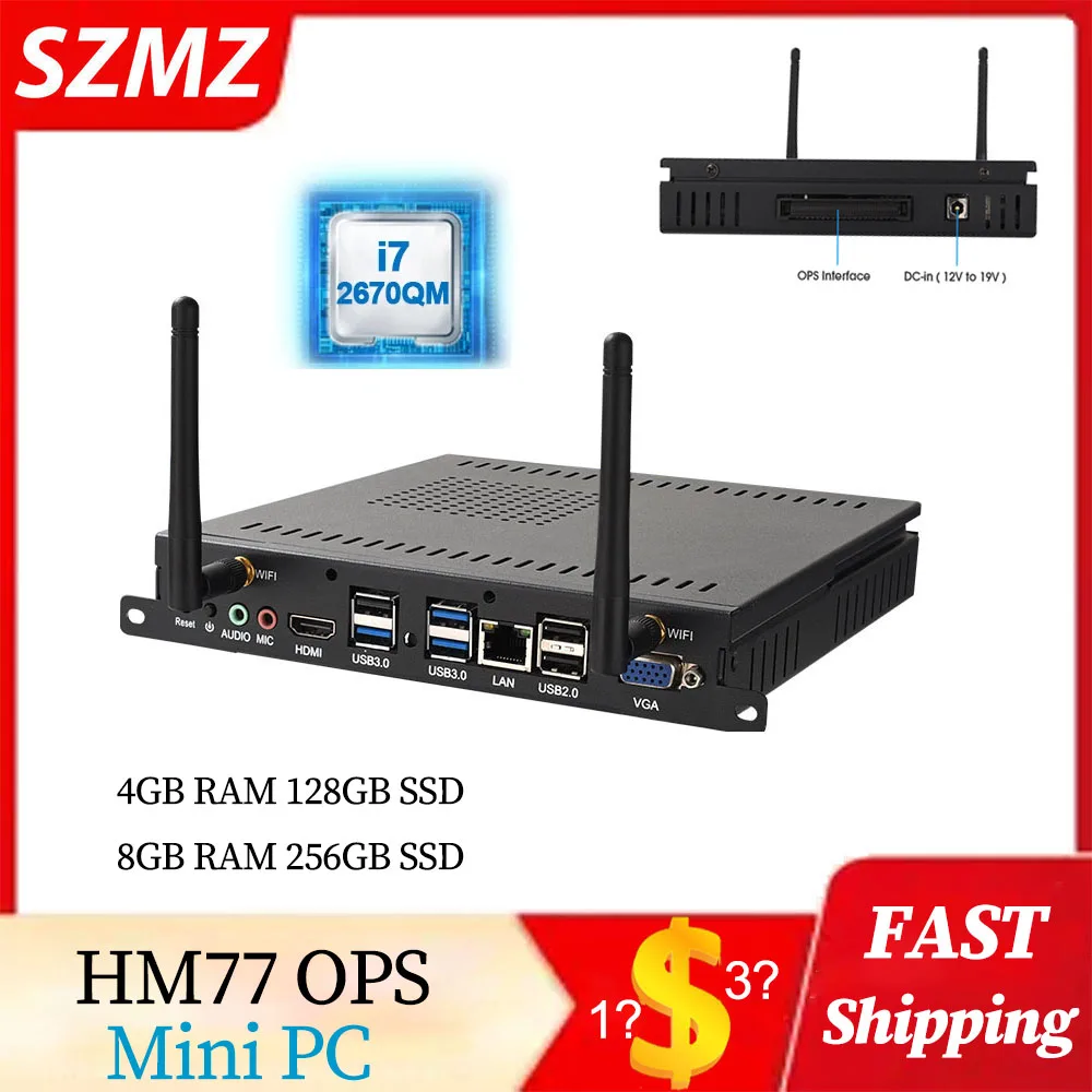 SZMZ HM77 OPS 마더보드 미니 PC, 인텔 코어 i7, i5, i3, CPU DDR3, 4G, 8G RAM, 128G, 256G SSD, 윈도우 10, 리눅스 게이밍 데스크탑 컴퓨터