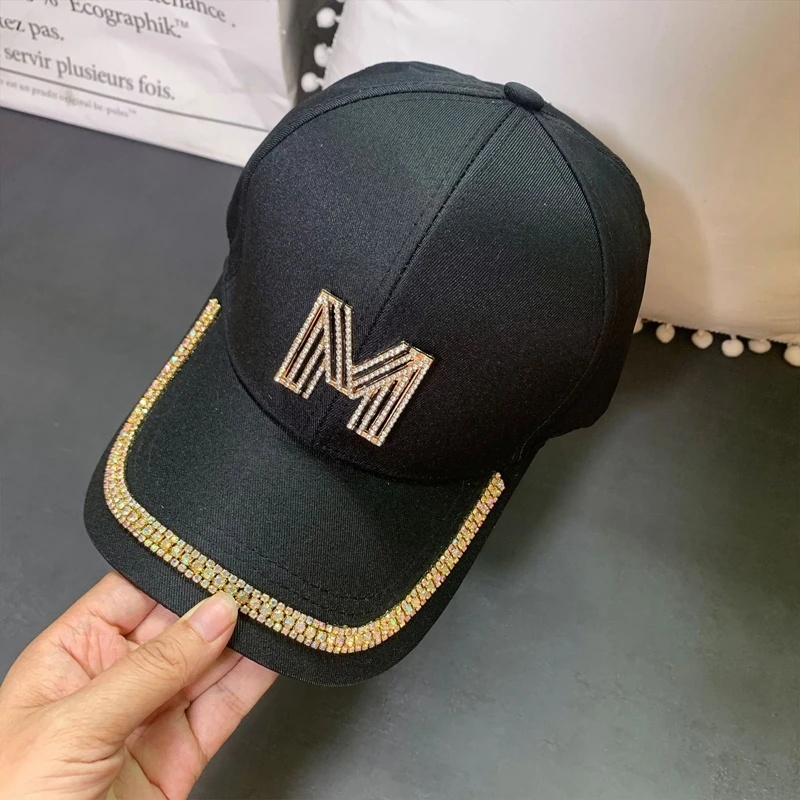 Letter M D Women\'s Bling Baseball Cap Ladies Fashion Caps With Rhinestones Snapback Hip Hop Hats Black White Pink 55-58cm