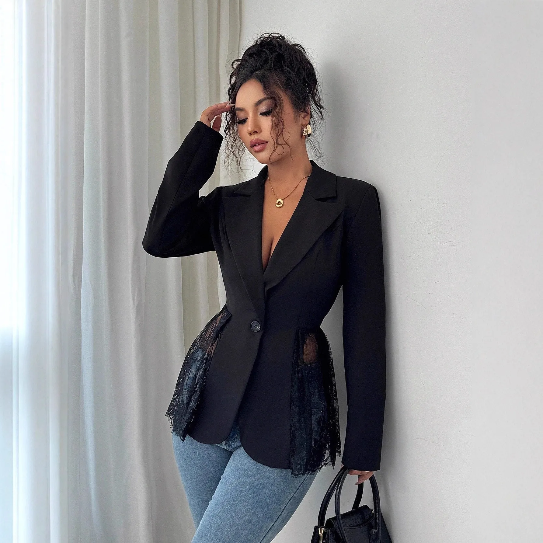 Fitted No Hood Suit Elegant with Patchwork Summer Jacket Commuter Chic Regular Sleeve Long Sleeve Mid Length Summer for Women