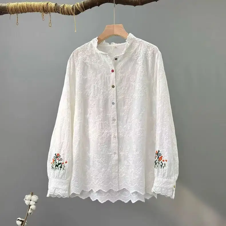 

Японские винтажные модные белые, бежевые кружевные рубашки с вышивкой, блузки с короткими рукавами для женщин, летние топы из 100% хлопка