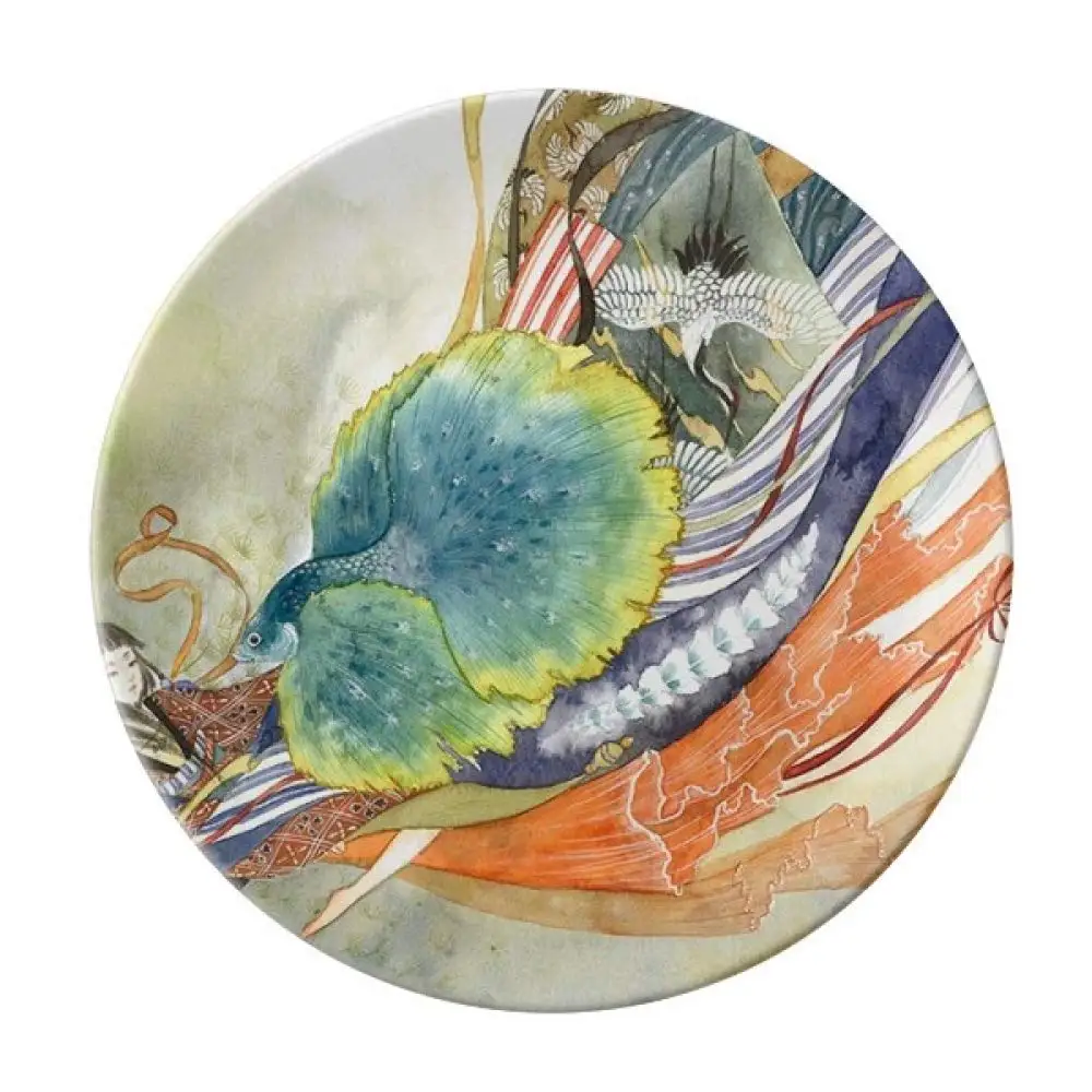 Decorative Peacock Feather Bone China Decorative Plate Personality Ceramic Dinner Plate Crafts with Display Stand Multicolor