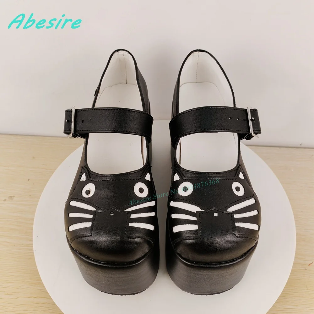Cartoon Cat Face Pattern Platform Pumps Round Toe Wedges Belt-Buckle Shoes for Women Lolita Sweet Cute Y2K Cool Fashion Shoes