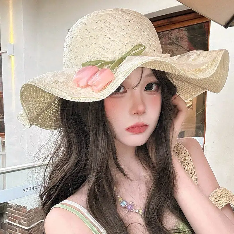 Sombrero de Paja para Mujer, con Encaje, Protección Solar, Transpirable, para Playa, Ala Ancha, Protección UV, Estampado Floral, Casual, para Vacaciones