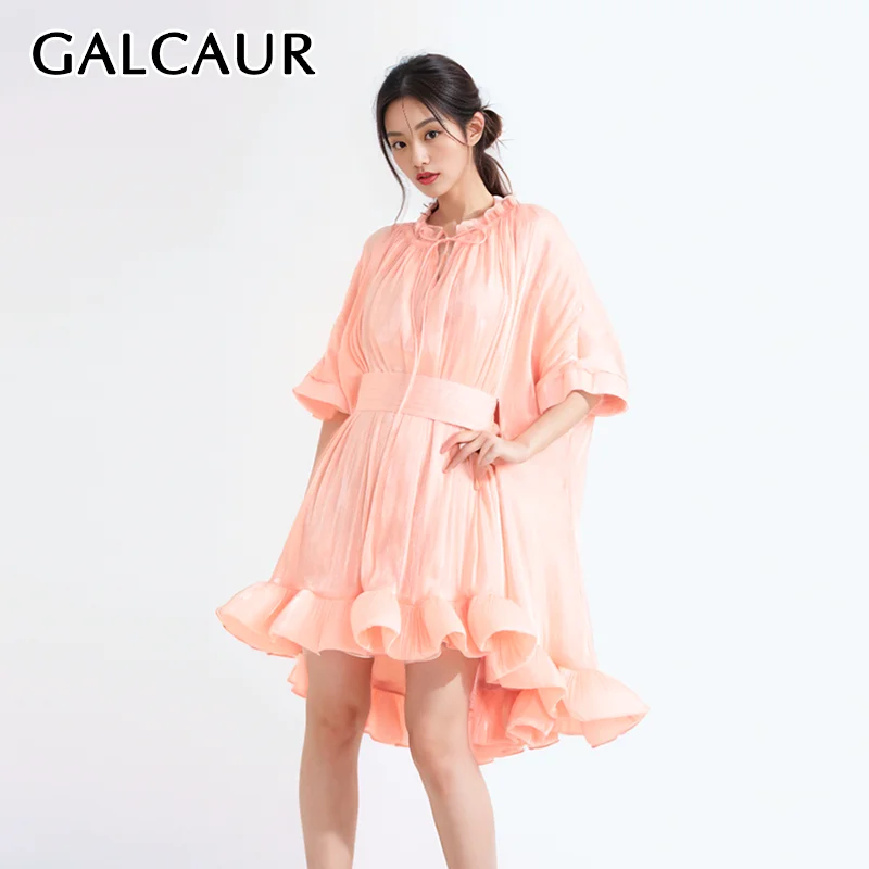 

GALCAUR Solid Loose Pleated Dresses For Women Round Neck Short Sleeve High Waist Spliced Lace Up A Line Dress Female Fashion
