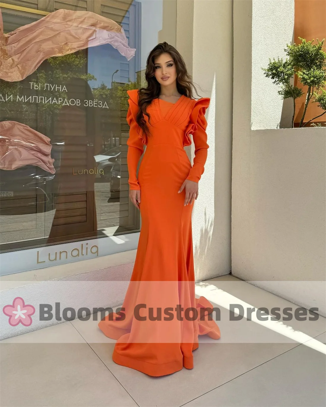 Customized Elegant Women\'s Mermaid Orange Prom Dresses Pleated Long Sleeves Party Evening Dresses Floor Length Special Occasion