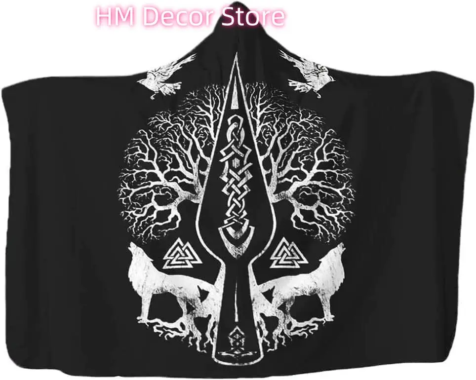 Manta con capucha de lobo vikingo, manta cálida y acogedora para usar, capa con capucha con patrón de lobo Fenrir del mito nórdico, manta envolvente con estampado 3D para
