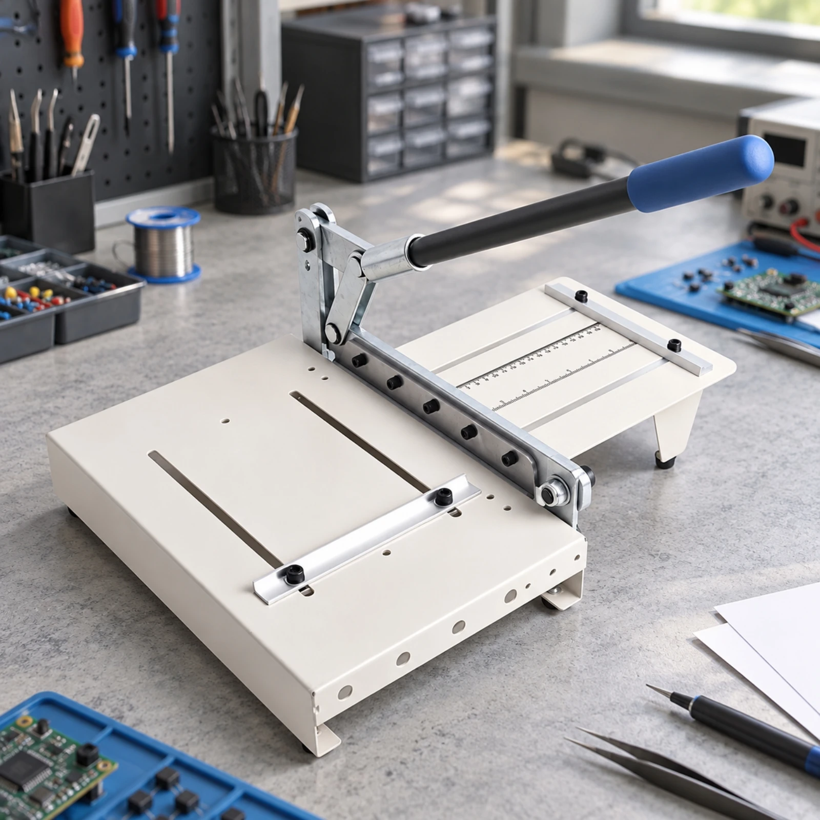 Manual Desktop Lever Cutter Hand-Operated Cutter with Adjustable Alignment Rails Flat Material Shear for Electronics Technicians