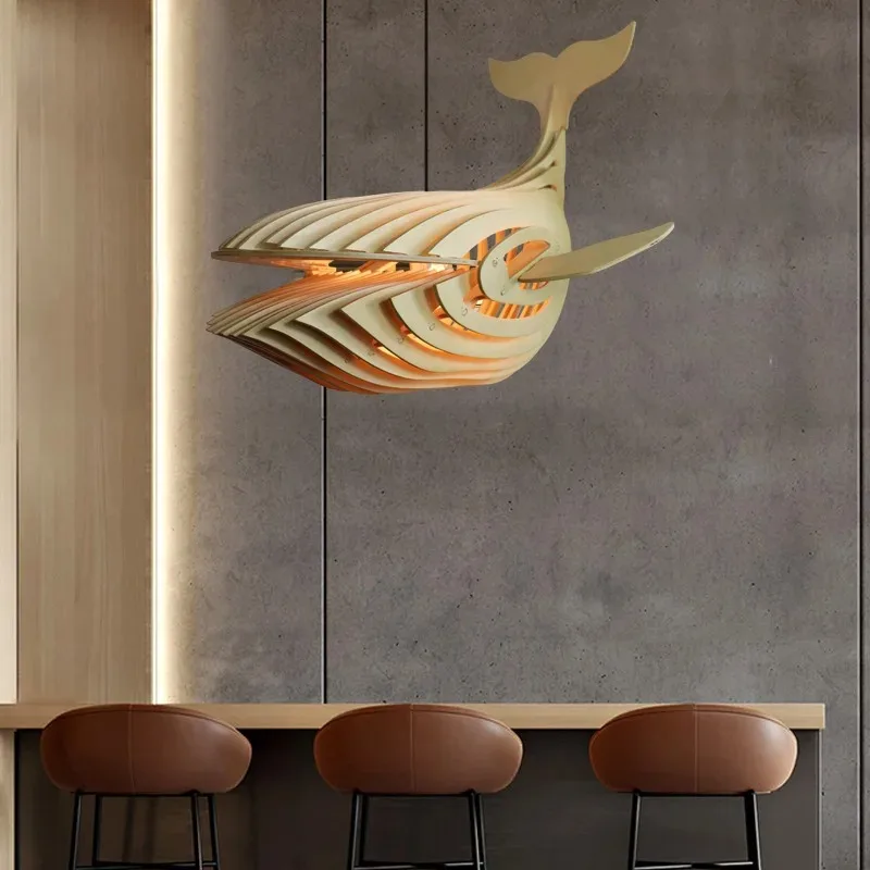 Big Wooden Fish Shaped Pendant Lamp E27 Wood Whale Hanging Light for Kids Room Japanese Sushi Bar Unique Chandelier Design