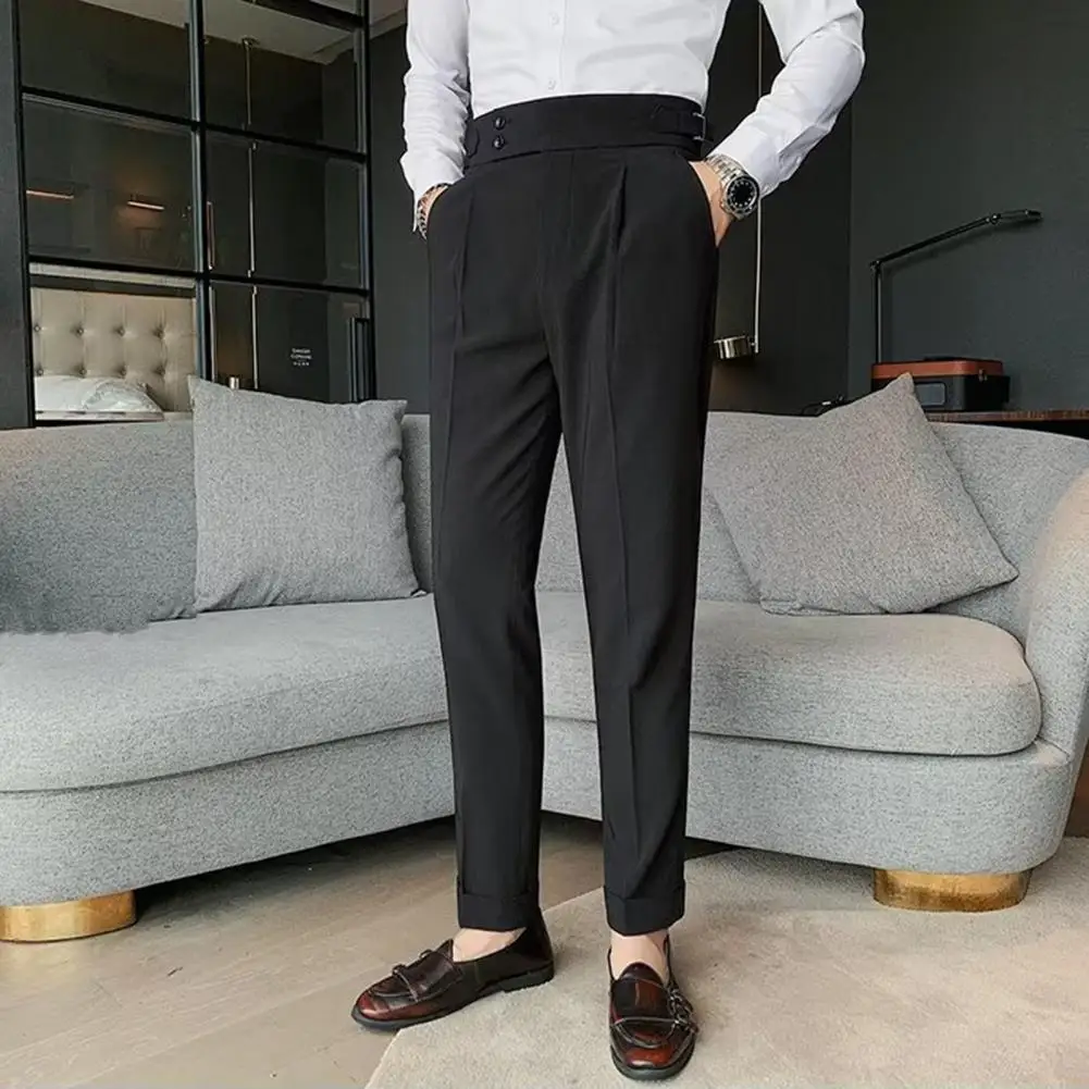 Pantalones formales clásicos para hombre, pantalones de oficina, ajuste Delgado, cintura alta, bolsillos Vintage, estilo Formal de negocios, pierna recta