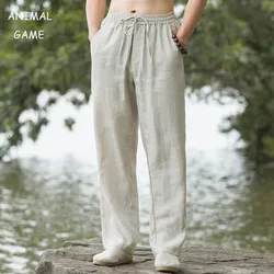 Sweatwear Men's Cotton Pants Summer Breathable Solid Color Linen Trousers Fitness Lightweight Beach Casual Men Pants