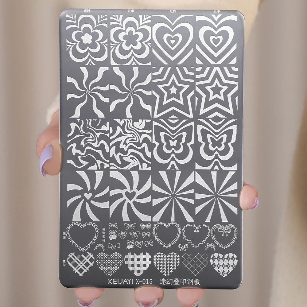 

Template Plate 14.5*9.5 cm DIY Nail Template + Stripes Heart Patterns Manicure Stamper Tool for Home Nail Art Stamping Plate