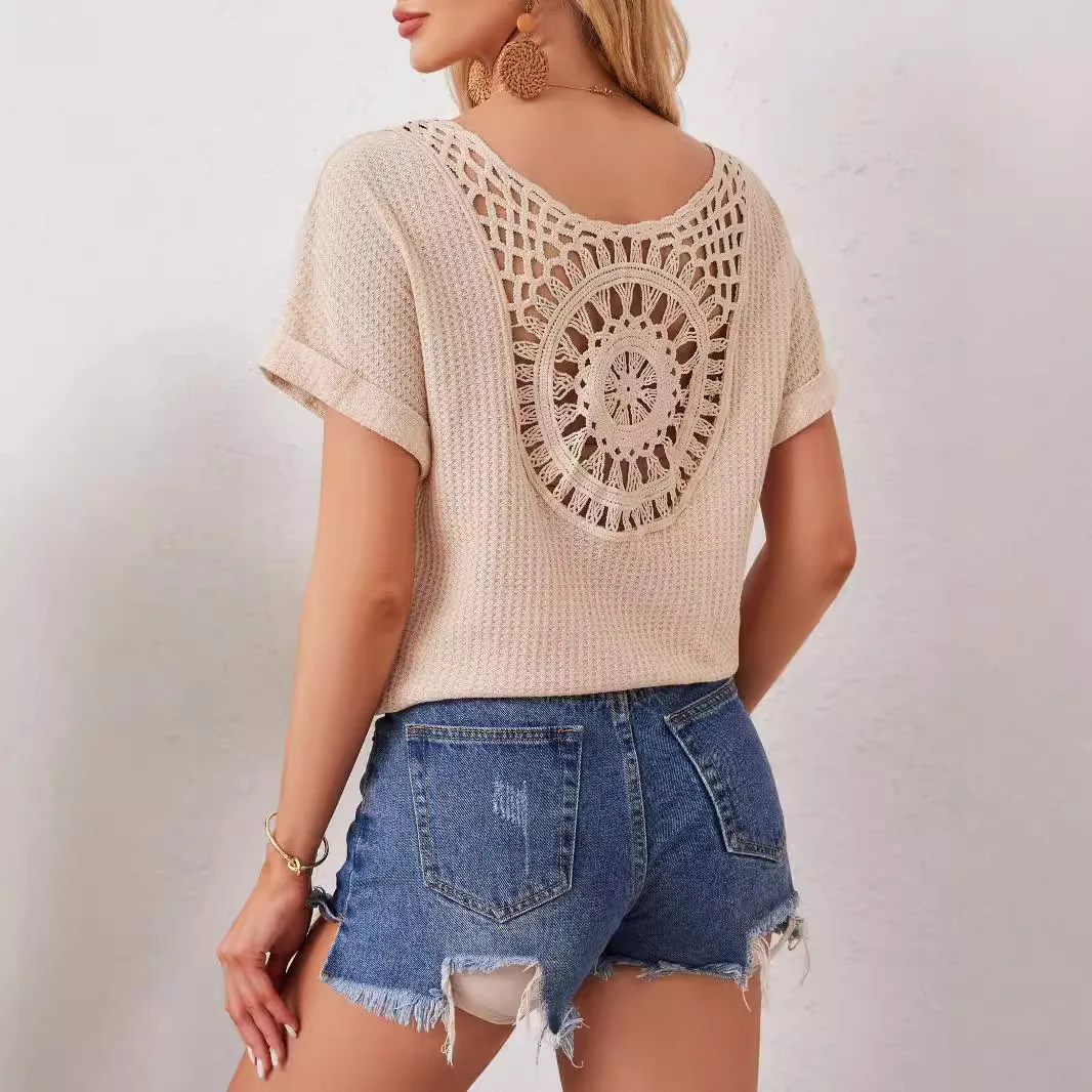 2025 New Elegant V-Neck Back Hollow Splicing Fashion Lace Bat Sleeve T-Shirt Women's Cw60670