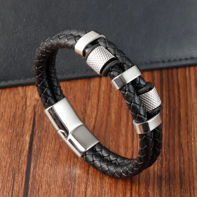 Classic Stainless Steel Leather Bracelet Irregular Pattern Shape Men Bracelet Fashion Male Jewelry Wholesale Dropshipping