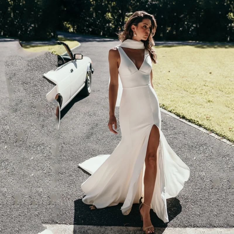 Simple Satin A Line Wedding Dress Halter Sleeveless White Long Bridal Gown For Woman Button Open Back vestidos de novia 2024