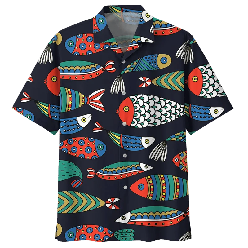 Kleurrijk Vis Hawaiiaans Shirt Voor Mannen Zomer 3D Zeedieren Gedrukt Strandblouse Oversize Revers Korte Mouw Knop Losse Shirts