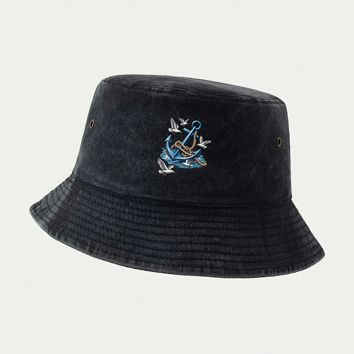 Fisherman Hat with Anchor Seagull Nautical Pattern, American Street Cool Trendy Pet Casual Style Casual Hat Easy to Clean Comfor
