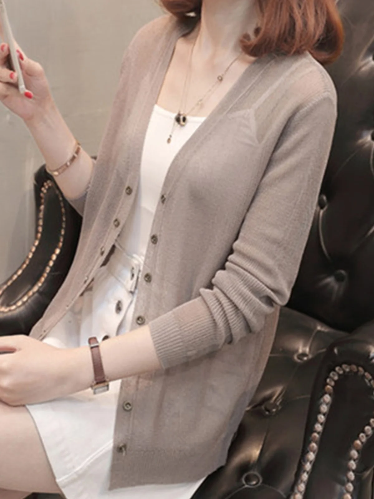 Cárdigan de punto de seda de hielo para mujer, nuevo estilo de verano, ropa de abrigo fina, csa corta hoada con frente a...