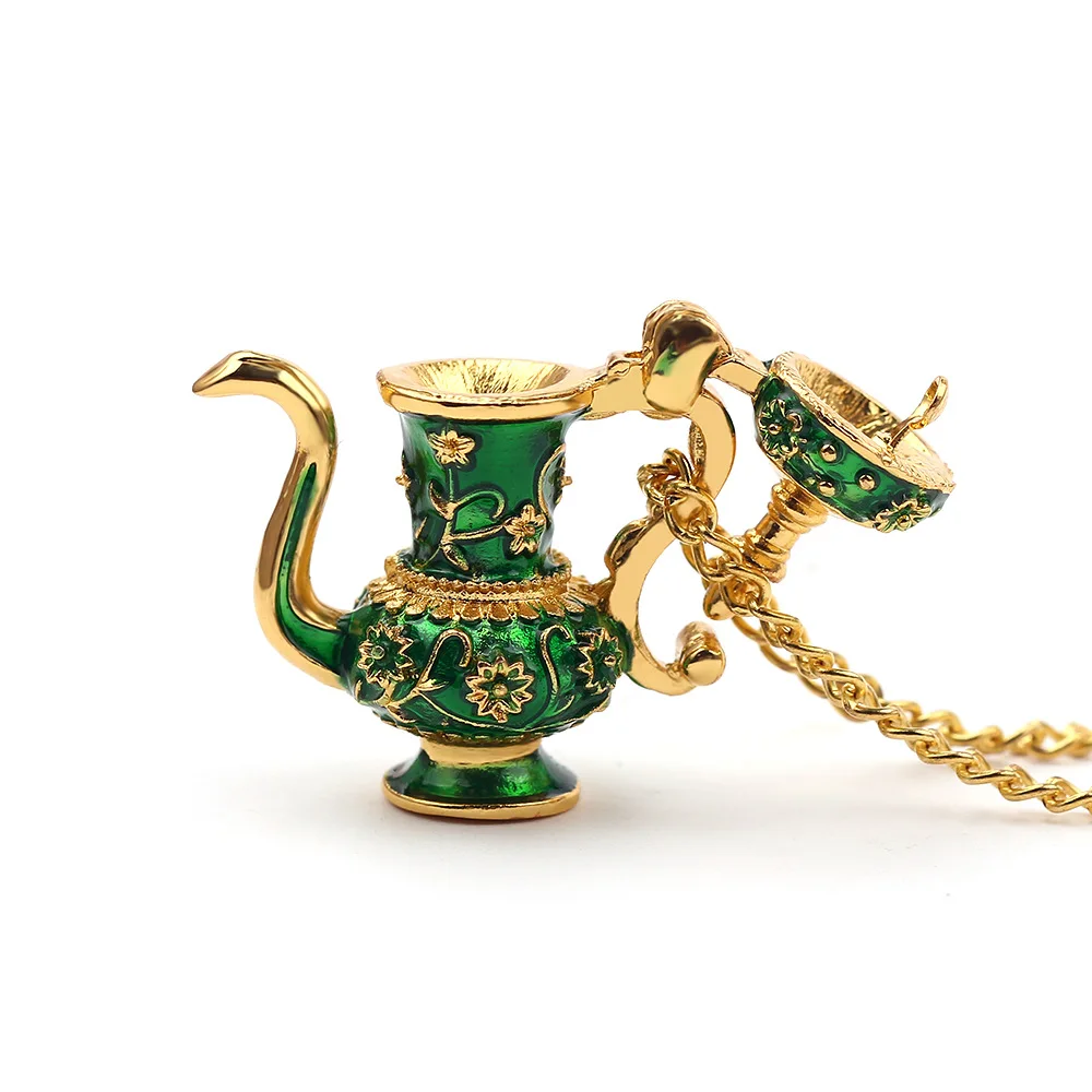 Small Green Hand-Painted Teapot Pendant Necklace Can Open Women Collar Long Chain Enamel Creative Gift Mystical Flagon Fashion