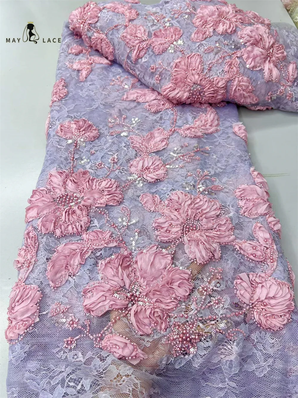 

5 Yards African 3D Flower Beads Lace Fabric 2026 High Quality French Nigerian Sequins Embroidery Tulle Fabric For Wedding Dress