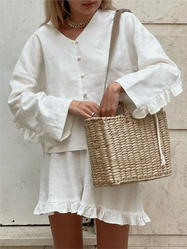 

Women White Ruffle Shorts 2 Piece Sets Summer Casual Single Breasted Buckle Long Sleeves V Neck Shirt Set Female Leisurewear