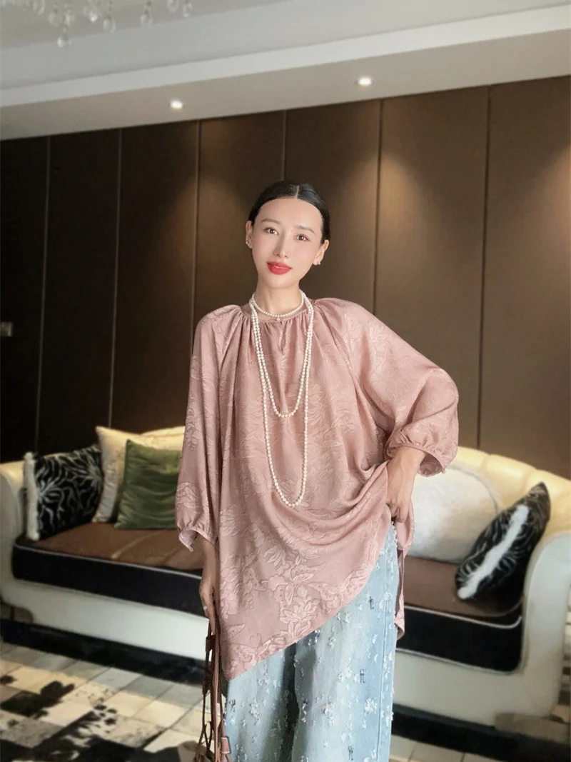 

Новая женская блузка из китайского шелка, состаренный цвет, винтажный плиссированный круглый вырез, свободный крой, средней длины, Fanyoo H492