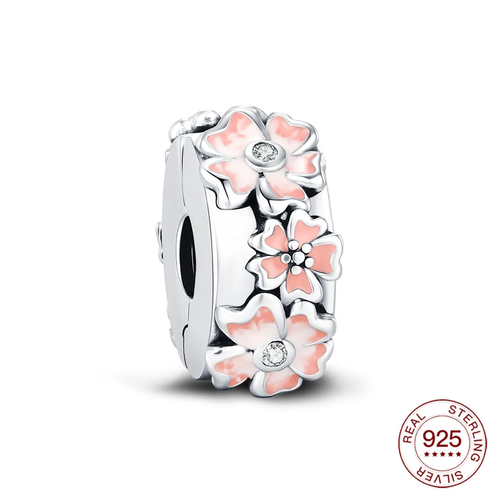 925 Sterling Silber Rosa Kirschblüten-Charms Naturanhänger Passend für Original-Armbänder DIY Schmuckherstellung für Frauen Geschenke