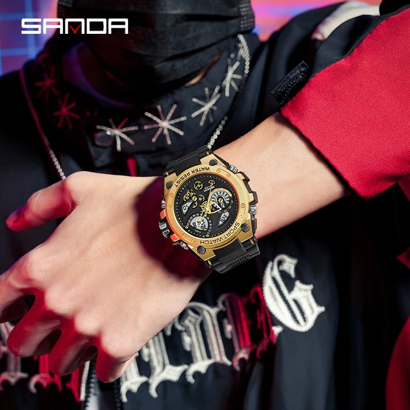 SANDA 9020 2023 متعددة الوظائف موضة الاتجاه في الهواء الطلق مضيئة المنبه المياه برهان صدمات ساعات رجالية Relogio Masculino