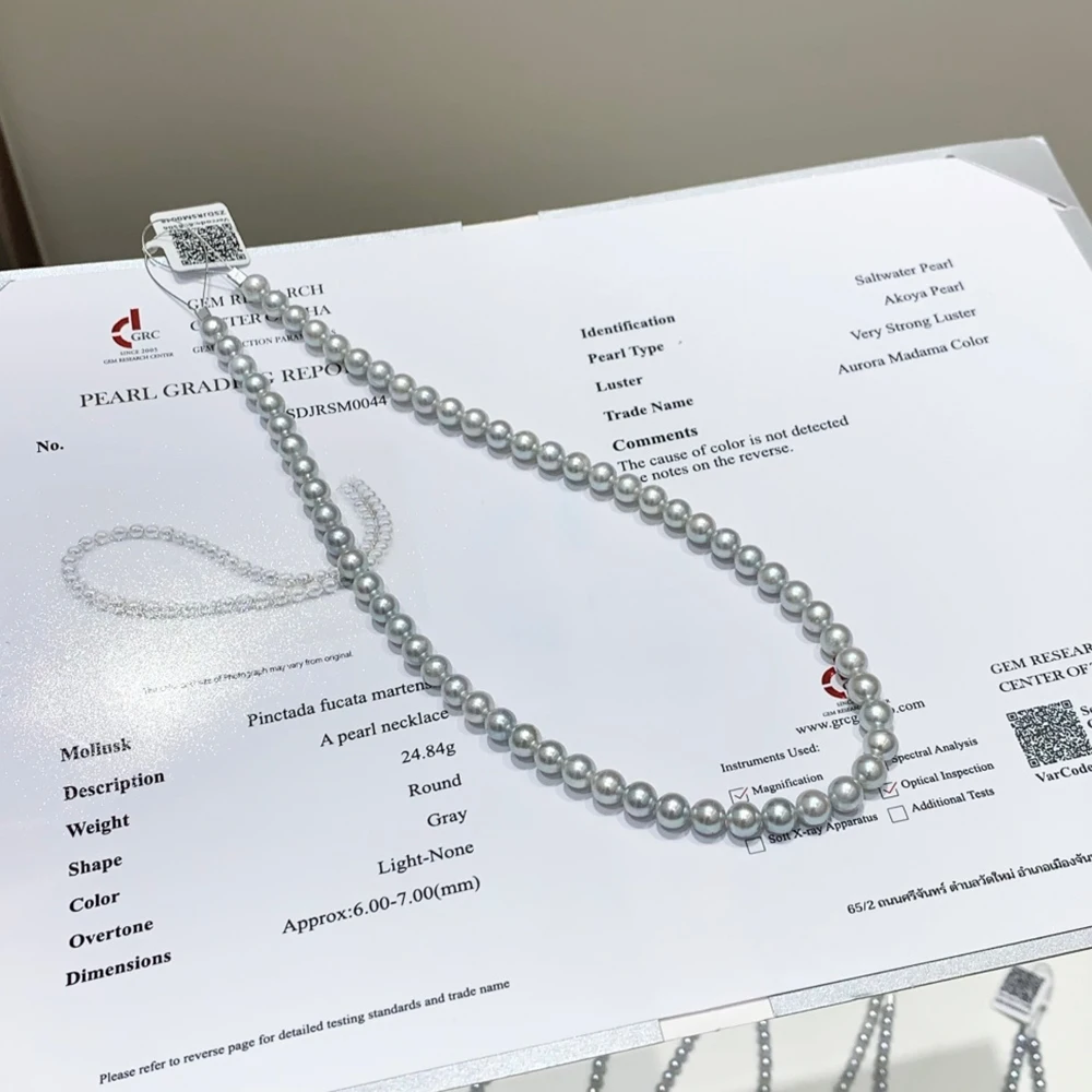 6-7mm Perfectly Round Aurora Madama Silver-Blue Skin-Flattering Akoya Pearl Necklace with Glass-like Luster GRC Certificate