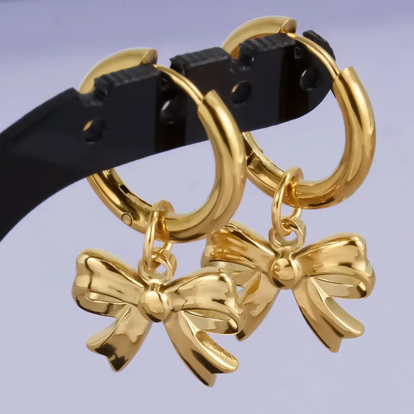 Echt vergoldet Mode Kpop Piercing Schmuck Mädchen Schleife Blume Herz Anhänger Ohrring Edelstahl Creolen für Frauen – Detail 40