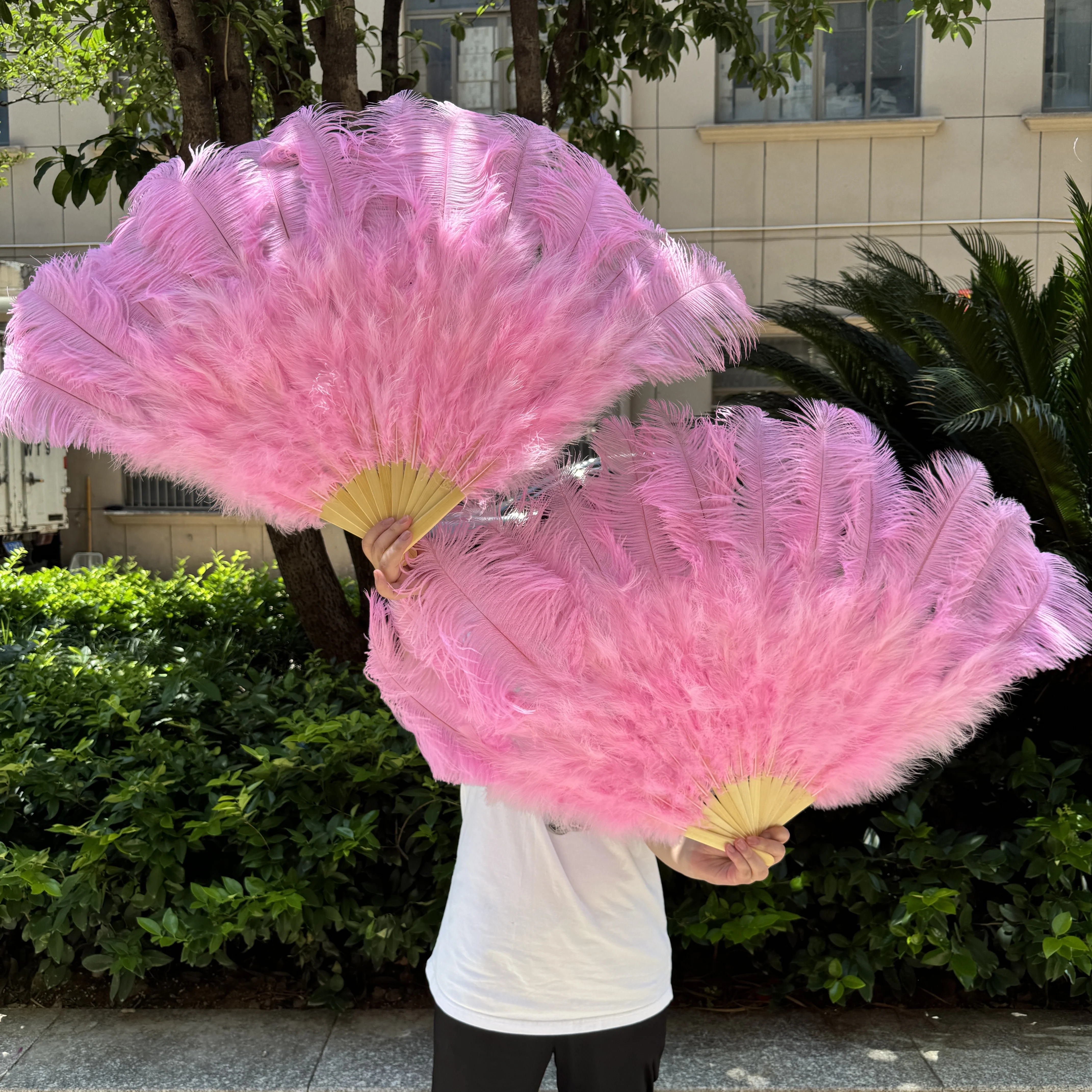 Custom Ostrich Feather Fan Foldable Hand Fan 13 Ribs Wedding Dance Performance Stage Show Prop Burlesque Cabaret Party Decor