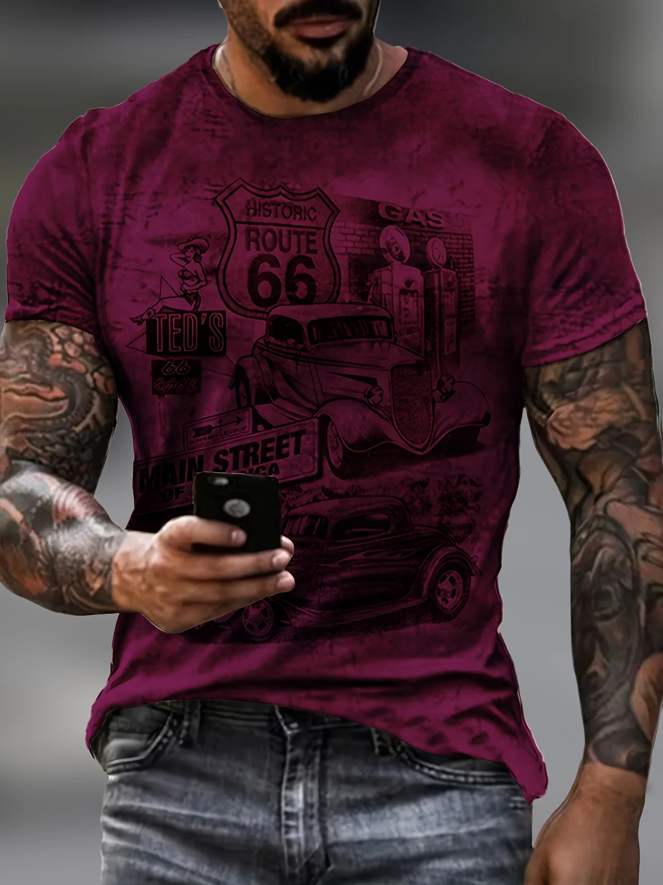 Men Retro American Route 66 T Shirt Distressed Vintage Classic Car Highway Graphic Short Sleeve Casual Gift Tee