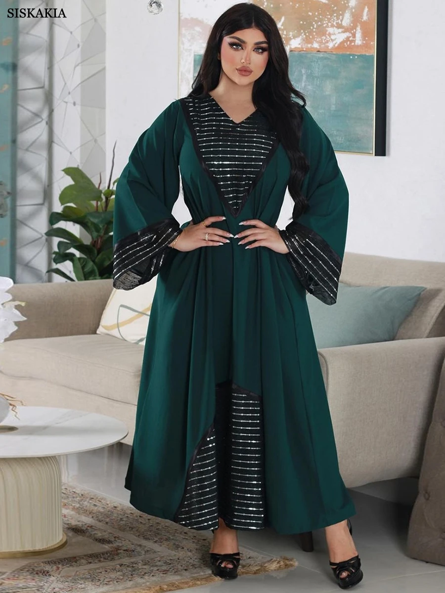 Siskakia Fashion Sequins Black Mesh Patchwork Dubai Abaya Elegant Casual Full Sleeve V-Neck Long Dress Women Muslim