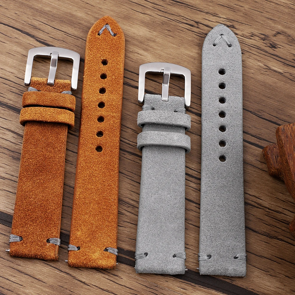 Vintage Soft Suede Watch Strap 18mm 20mm 22mm Quick Release Handmade Stitching Watchband Brown Gray Watch Accessories