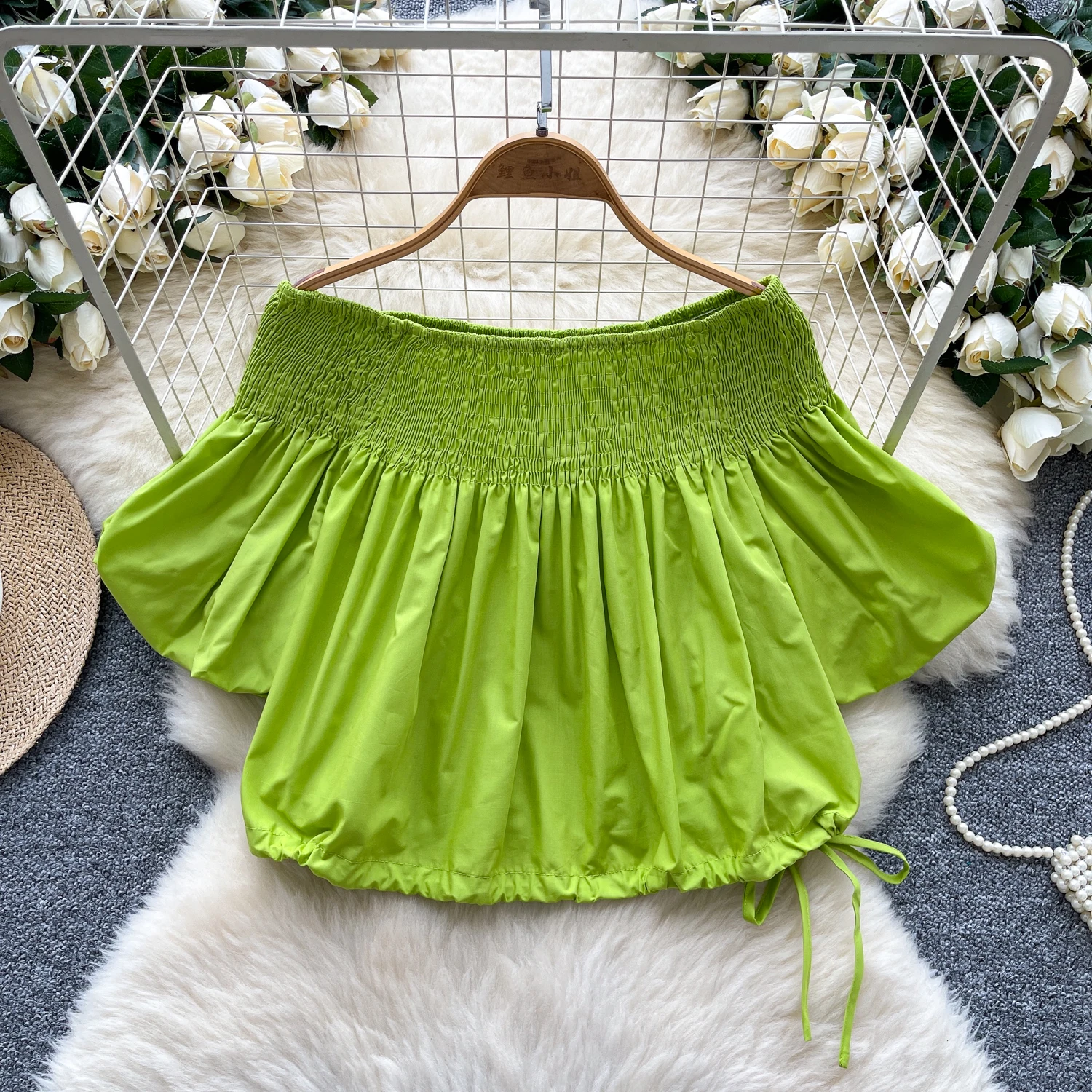 Chic Vintage Kordelzug lose Elegante Mode Sexy Shirt High Street Sommer Frauen Bluse Frauen