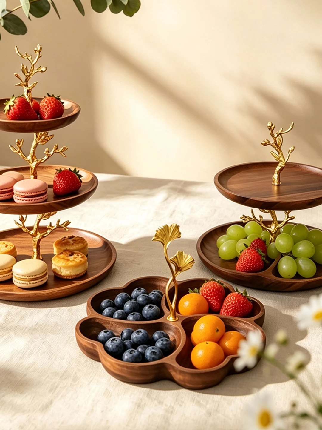 Walnut Wood Luxury Double Triple Layer Dessert Plate Afternoon Tea Display Plate Golden Tree Shaped Tray Modern Simple Style