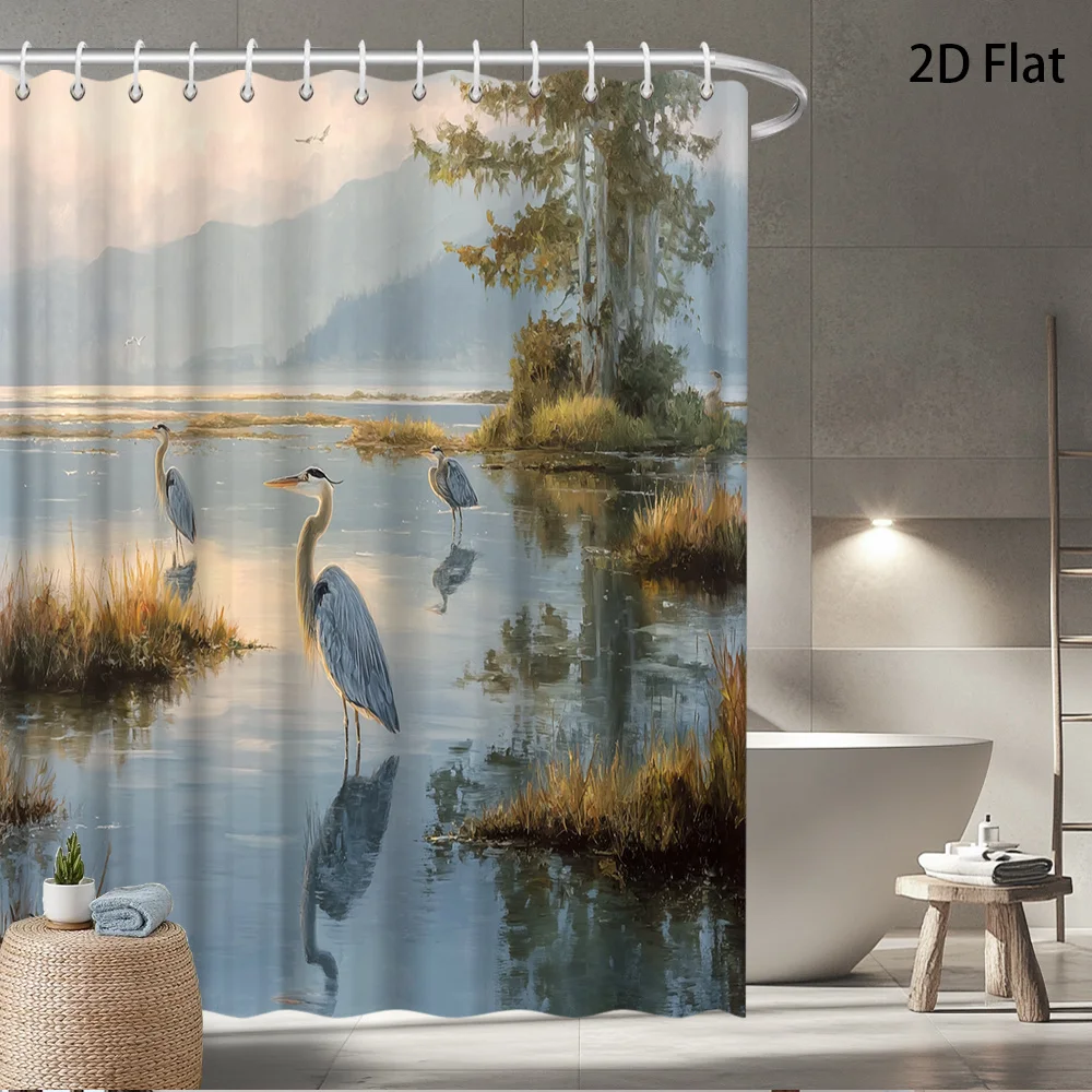 Realistic Wildlife Bathroom Shower Curtain Tropical Heron Pond Scene Decor Waterproof Shower Curtain Liner