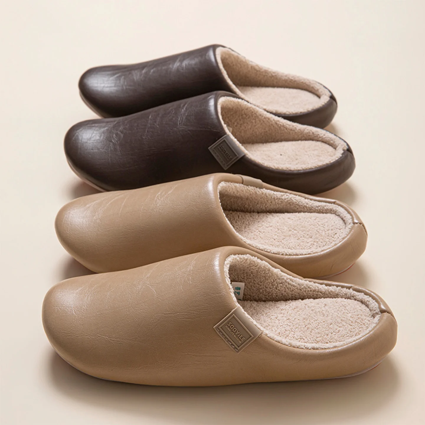 Retro Pu Leather Mute Home Men's Slipper Winter Indoor Floor Soft Sole Non Slip Plush Slides Woman Fleece Lined Waterproof Shoes