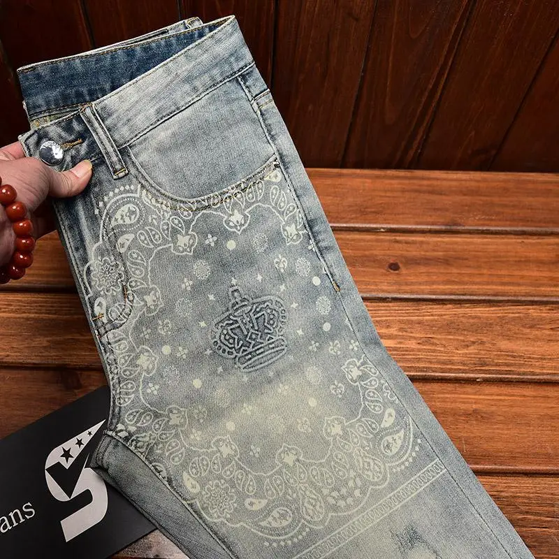 High end design, light luxury printed jeans, men's fashion trend, small foot stretch, slim fit, summer thin denim pants